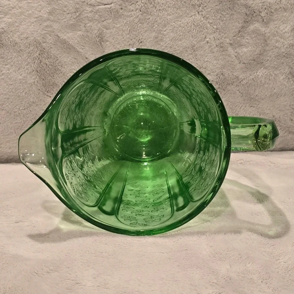 Vintage Jeannette Glass Cherry Blossom Green Depression Glass Pitcher 1930s 6.75